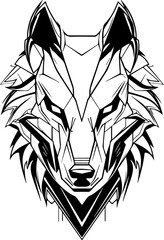 Wall Mural - A black and white drawing of a wolf. The wolf has a menacing look on its face. Concept of danger and power. Futuristic, cyber wolf head logo template.