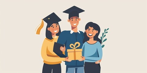 Wall Mural - A man and two women are holding a gift for a graduate. The man is wearing a cap and gown, and the women are smiling. Concept of celebration and joy for the graduate's achievement