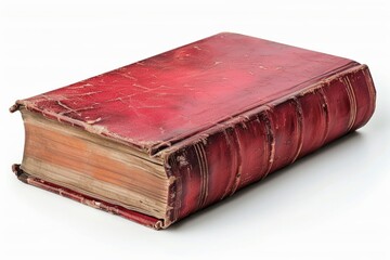 Worn red leather book with a closed cover, isolated on white background, evokes a sense of aged wisdom and financial records