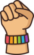 A hand with a fist raised in the air with pride rainbow bracelet representing the idea of unity and support for the LGBTQ+ community, PNG file no background