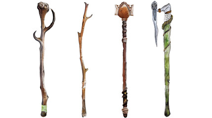 Wall Mural - Wizards' staffs depicted in four different, isolated on transparent background