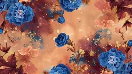 Poster - Wall adorned with vintage blue carnations, maroon and peach textiles, with golden touches.