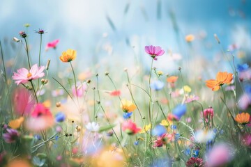 Sticker - Colorful wildflowers covering a field under a clear blue sky, A field of colorful wildflowers swaying in the gentle breeze