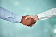 © peopleimages.com - Business, people, handshake and partnership with agreement, teamwork and b2b deal with welcome, greeting and cooperation. Closeup, job promotion and employees shaking hands, collaboration or congrats