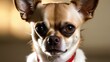 Angry chihuahua with Furrowed brows, sharp gaze, mouth possibly tightly closed.
