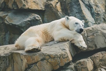 Poster - a polar bear with fluffy fur comfortably lounges on top of a large rock, a fluffy polar bear loungin