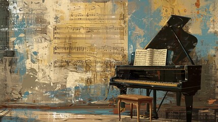 Poster - A painting showcasing a grand piano and a stool set against a serene backdrop, capturing the essence of music and stillness. Generative AI