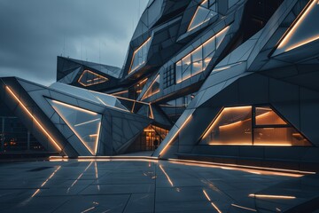 Wall Mural - A contemporary building with unique geometric shapes covered in numerous bright lights at night, A futuristic building with unique geometric shapes and LED lighting