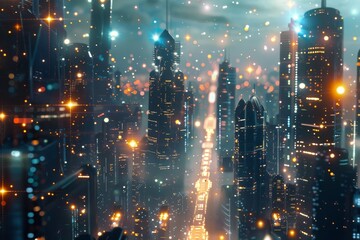 Wall Mural - A cityscape filled with bright lights and futuristic buildings, creating a vibrant and dynamic scene, A futuristic cityscape illuminated by twinkling stars