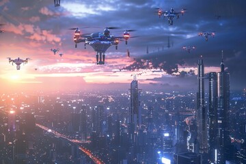 Poster - Multiple planes soar over a citys skyline at night, creating a striking scene with illuminated buildings below, A futuristic cityscape with drones flying overhead, monitoring the population
