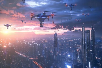 Canvas Print - Multiple planes soar over a citys skyline at night, creating a striking scene with illuminated buildings below, A futuristic cityscape with drones flying overhead, monitoring the population