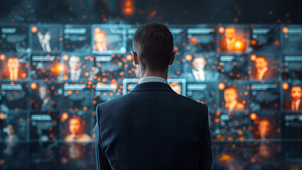 A professional or employer faces a smart screen filled with potential job seekers’ profiles, symbolizing the competitive nature of job hunting.