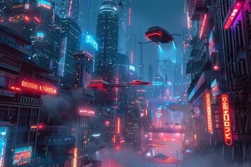 Wall Mural - A bustling city at night with neon lights, futuristic architecture, and flying cars, A futuristic cityscape with neon lights and flying cars