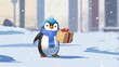 A funny cartoon penguin in a Santa hat celebrates Christmas in the cold, snowy Arctic