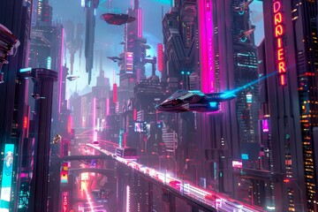 Wall Mural - A futuristic cityscape illuminated by neon lights, with flying eccaafffae gliding through the night sky, A futuristic cityscape with neon lights and flying cars
