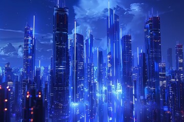Wall Mural - A view of a modern city with blue lights illuminating the high-rise buildings at night, A futuristic cityscape with sleek blue buildings and neon lights against a dark blue background