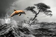 Dolphin jumping in stormy ocean landscape.