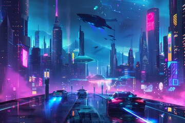 Wall Mural - A futuristic city with neon lights shining brightly against the dark sky, A futuristic city skyline with neon lights and flying cars