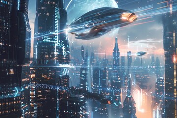 Canvas Print - A futuristic city skyline with holographic projections and a flying saucer hovering in the sky, A futuristic city skyline with holographic projections and flying cars zipping through the air