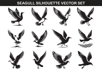 Wall Mural - Seagull Bird Silhouette Vector Illustration set
