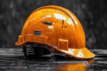 Sticker - Orange hard hat, a protective helmet for construction workers, safeguards heads from falling objects