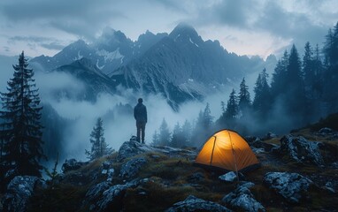 Wall Mural - A man stands in front of a yellow tent in the woods. The sky is cloudy and the mountains in the background are covered in snow. The man is enjoying the peacefulness of the outdoors