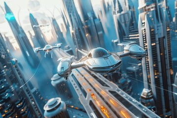 Canvas Print - A futuristic cityscape featuring sleek metallic buildings with a futuristic flying saucer hovering above, A futuristic metropolis with sleek, metallic buildings and flying cars zooming overhead