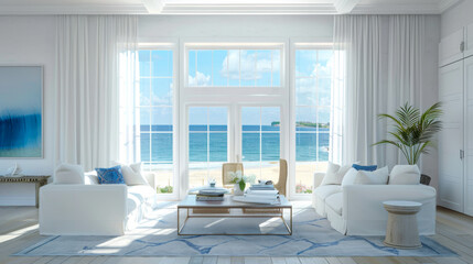 Wall Mural - A large living room with a white couch and two chairs, a coffee table, and a potted plant. The room has a beach theme, with a large window overlooking the ocean. The curtains are white