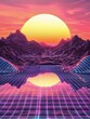 This 80s style grid background showcases a radiant azure sun with shimmering stripes, set against violet grid mountains in a style digital art. The abstract design embodies the spirit of synthwave