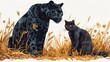 A black and white cat and a black panther are sitting in a field of tall grass