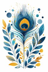 Wall Mural - A blue and yellow peacock feather with leaves and a gold center