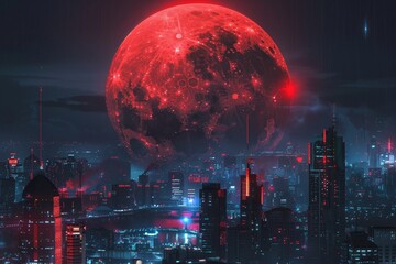 Wall Mural - Large Red Moon Over City at Night, A futuristic vision of a red moon looming over a bustling cityscape, bathed in an otherworldly light