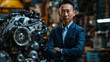 © Alina Tymofieieva - A man stands in front of a large engine, wearing a suit and tie. He is proud of the machine and confident in his work