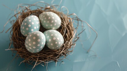 Poster - Easter eggs with white dots in a nest providing space for text