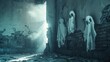 Ghostly Apparitions Breaking Through Dilapidated Wall in Haunting Nightscape Background with Selective Focus and Atmospheric Lighting