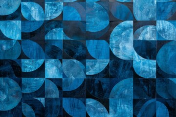 Poster - Geometric pattern of overlapping blue circles on a black canvas, A geometric pattern of overlapping blue shapes on a textured blue background