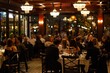 © Iftikhar alam - A group of people enjoying a meal and socializing at tables in a busy restaurant, A glamorous restaurant filled with networking professionals