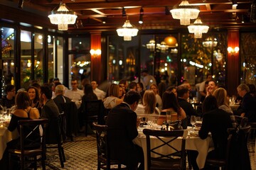 Wall Mural - A group of people enjoying a meal and socializing at tables in a busy restaurant, A glamorous restaurant filled with networking professionals