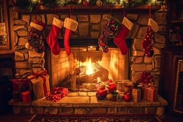 Poster - A fireplace adorned for Christmas with stockings hanging and presents placed nearby, A glowing fireplace with stockings hung and presents underneath