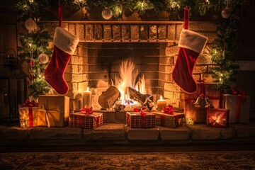 Poster - A fireplace adorned with festive Christmas stockings and wrapped presents, creating a warm holiday atmosphere, A glowing fireplace with stockings hung and presents underneath