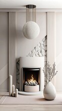 Modern Interior Design With A Fireplace On A Pink Wall Background Mock Up, In The Style Of Minimalist Style. 