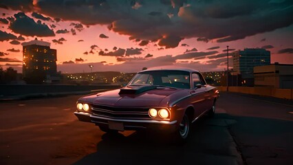 Poster - Vintage muscle car parked on the street at night. 80s styled synthwave retro scene with powerful drive in evening