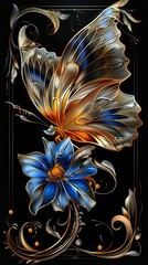 Wall Mural - A butterfly is sitting on a blue flower