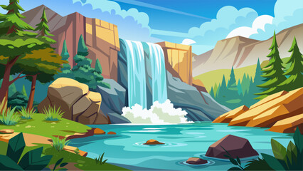 Wall Mural - A beautiful waterfall is surrounded by trees and rocks. The water is crystal clear and the rocks are scattered throughout the area. The scene is peaceful and serene