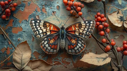 Sticker - A butterfly is sitting on a leaf next to some berries