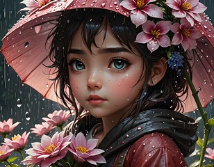 Wall Mural - 3D rendering of a beautiful Japanese girl in a raincoat with flowers