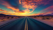 A dramatic photograph capturing a highway stretching across a vast desert plain