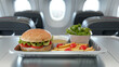 Airplane tray with dessert, appetizing and fresh food․