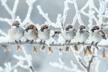 Multiple birds sitting closely together on a snowy branch, A group of birds huddled together on a frost-covered branch