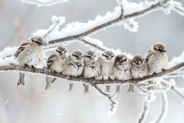 multiple birds perched closely together on a snow-covered branch in winter, a group of birds huddled